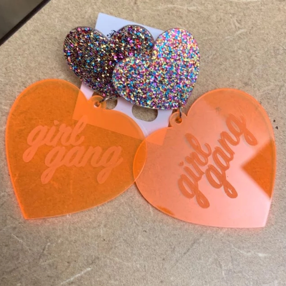 Girl Gang Oversized Glitter Orange Heart Earrings - Picture 6 of 7